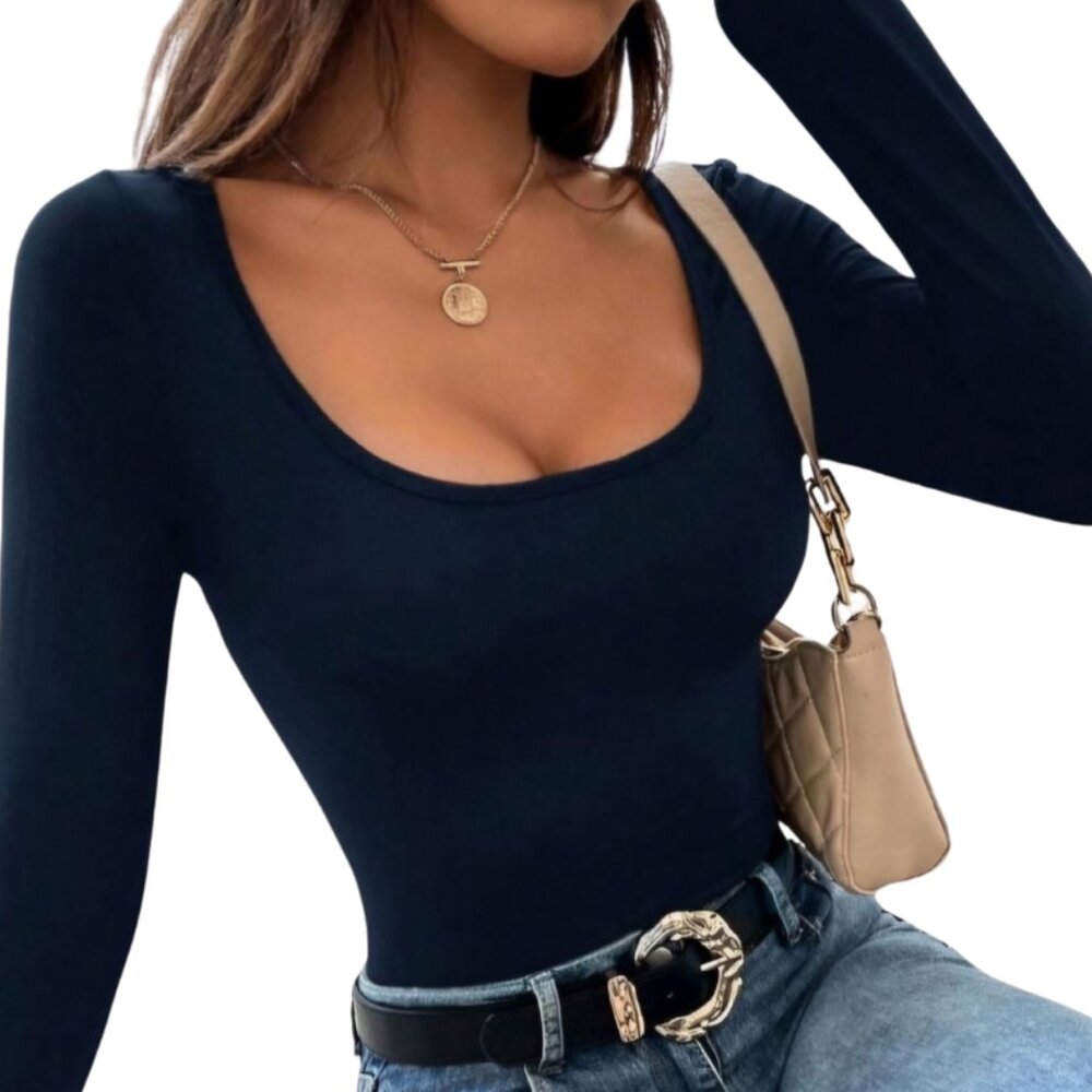 SHEIN PETITE Solid Scoop Neck Spring Women Tee